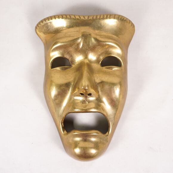 Vintage Golden Brass Unhappy Sad Face Theatre Mask Wall Hanging Art Decor Gold - Picture 1 of 8